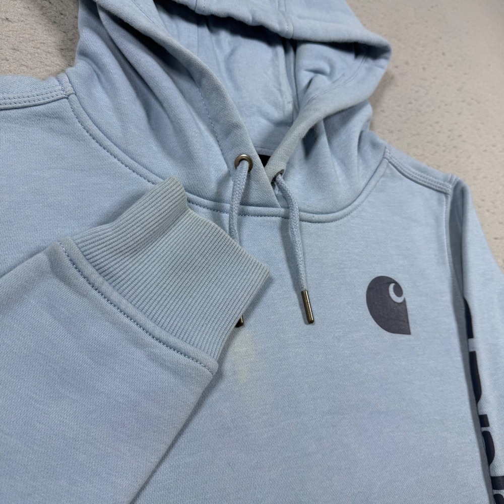 Carhartt Womens Relaxed Fit Graphic Sleeve Pullover Hoodie Light Blue Small
